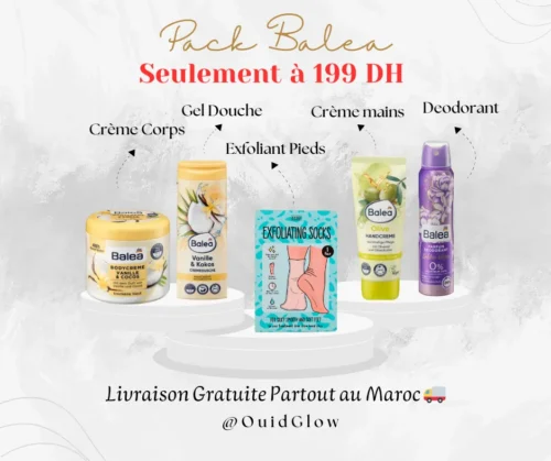 Pack Balea 5 en 1 comprenant crème corps, gel douche, crème mains, exfoliant pieds et déodorant, idéal pour une routine de soin complète.
